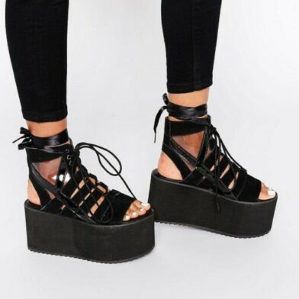 Y.R.U Medusa lo black suede Lace-Up Platform Sandal - Grunge Goth  Women's 11
